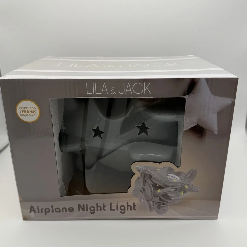 Lila and Jack Baby Airplane Night Light Cordless Ceramic Gray uses AAA Batteries